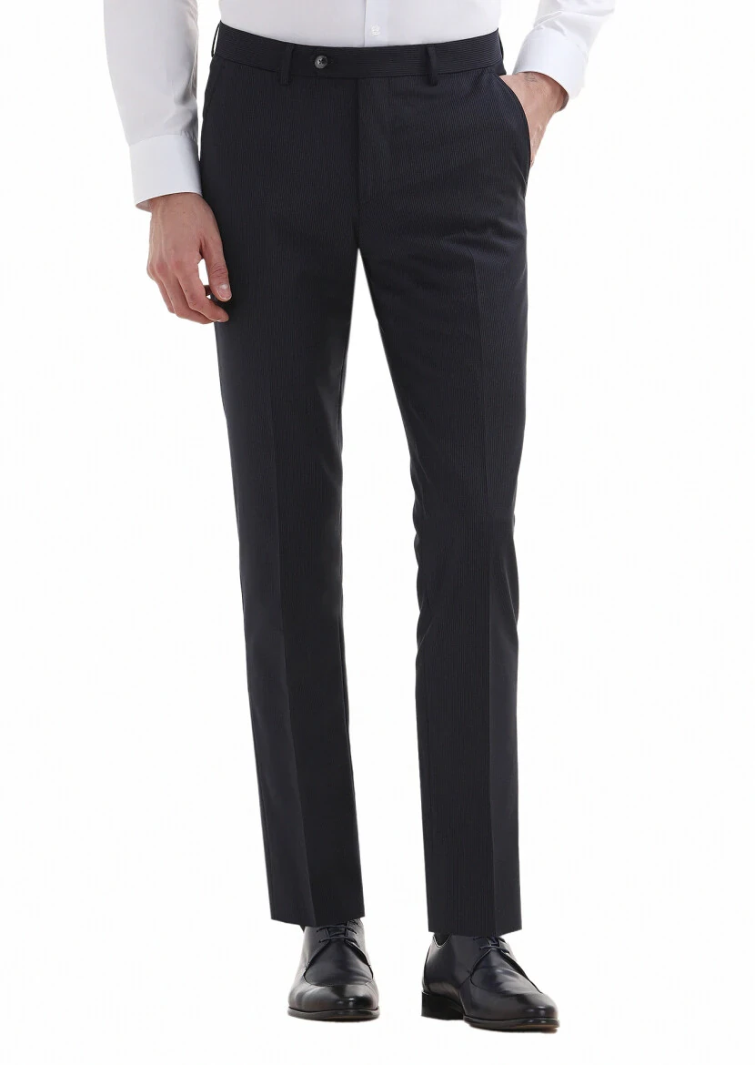Navy Blue Material Modern Fit Classical Wool Blended Trousers - 2