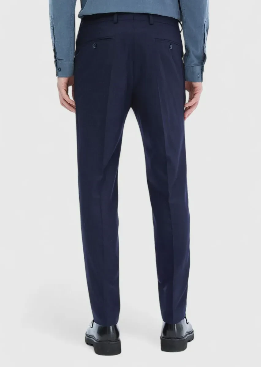 Navy Blue Material Modern Fit Classical Wool Blended Trousers - 4