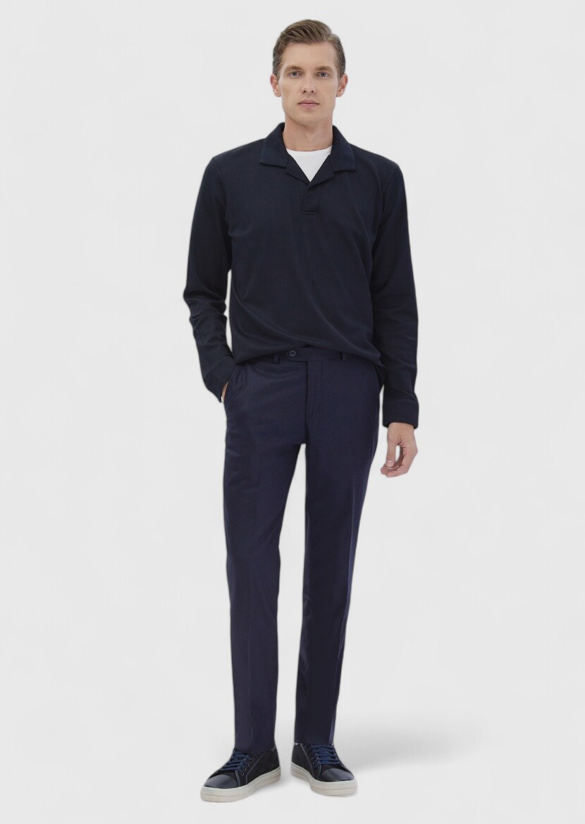 Navy Blue Material Modern Fit Classical Wool Blended Trousers - 1