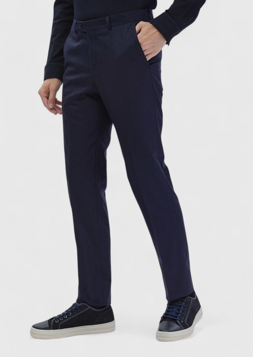 Navy Blue Material Modern Fit Classical Wool Blended Trousers - 3