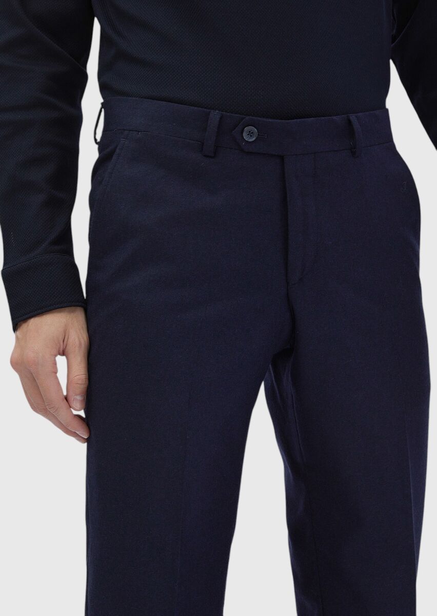 Navy Blue Material Modern Fit Classical Wool Blended Trousers - 4