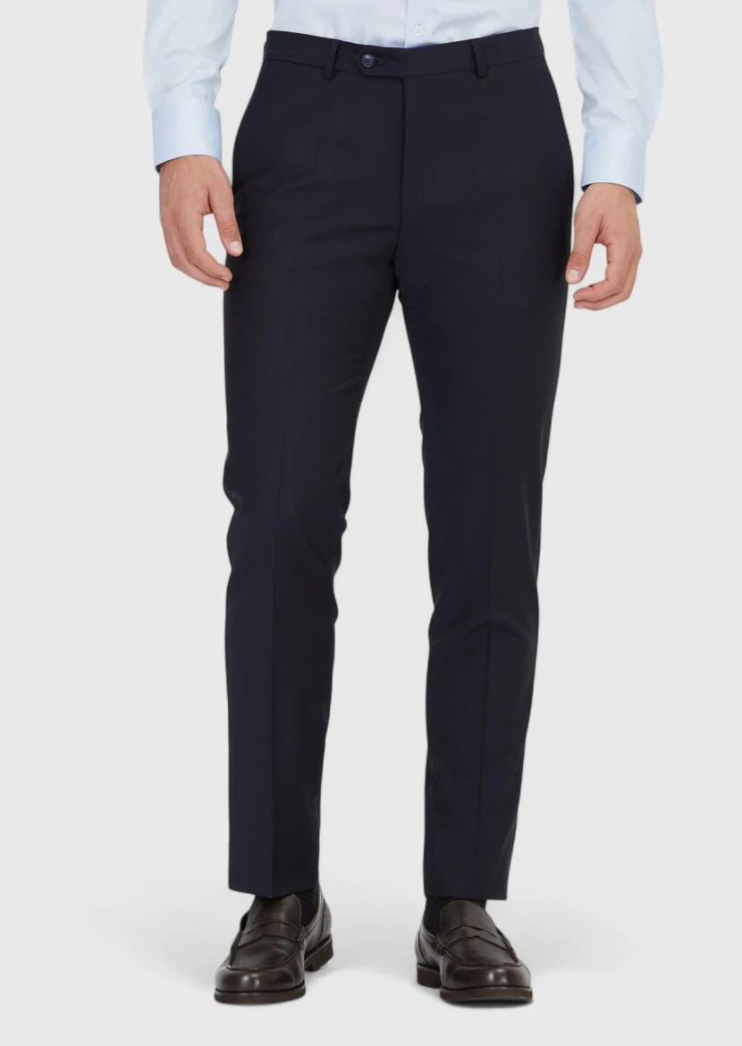 Navy Blue Material Modern Fit Classical Wool Blended Trousers - 2
