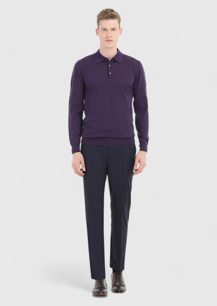 Navy Blue Material Regular Fit Classical 100% Wool Trousers - 1