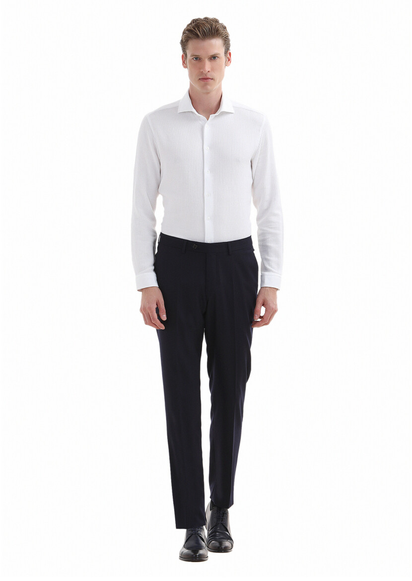 Navy Blue Material Regular Fit Classical 100% Wool Trousers - 1