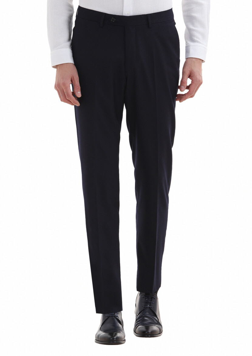 Navy Blue Material Regular Fit Classical 100% Wool Trousers - 2