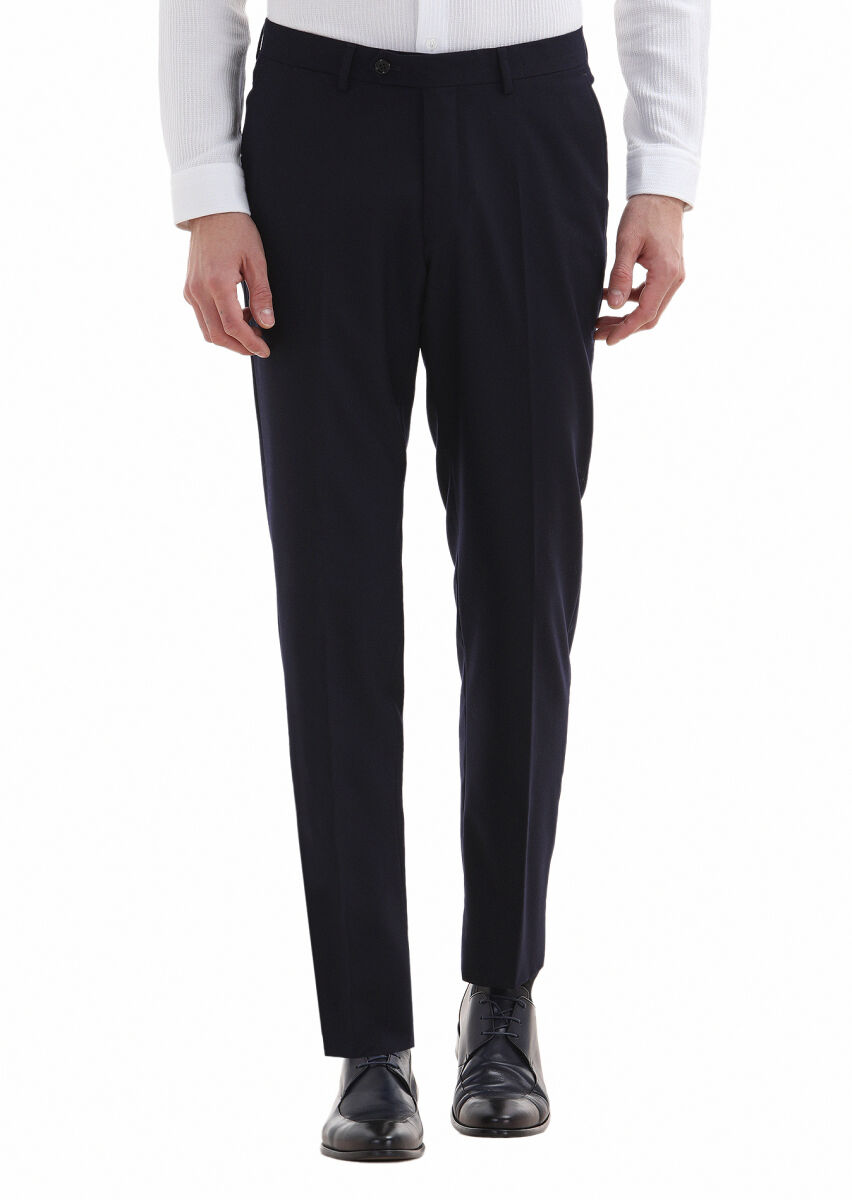 Navy Blue Material Regular Fit Classical 100% Wool Trousers - 2