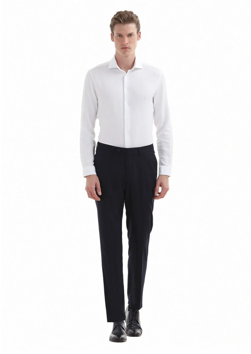 Navy Blue Material Regular Fit Classical 100% Wool Trousers - 1