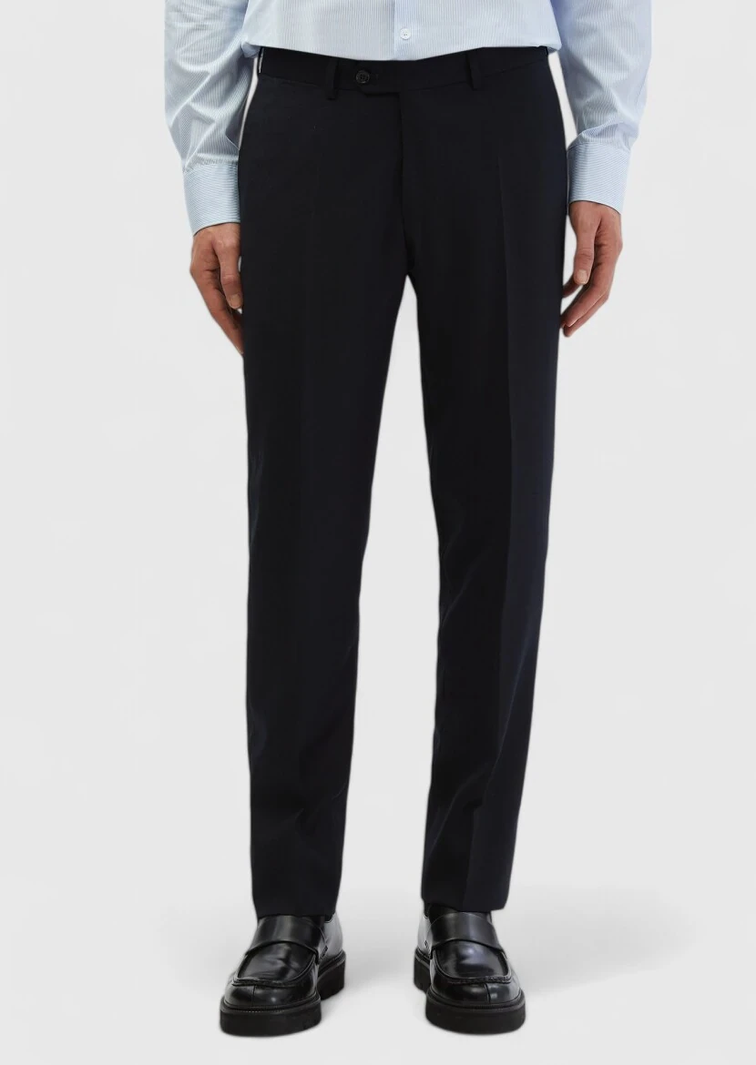 Navy Blue Material Regular Fit Classical 100% Wool Trousers - RAMSEY