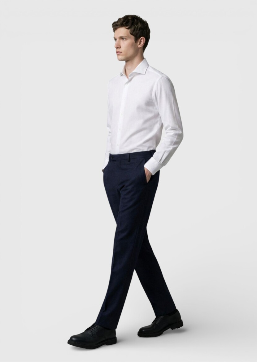 Navy Blue Material Regular Fit Classical 100% Wool Trousers - 1
