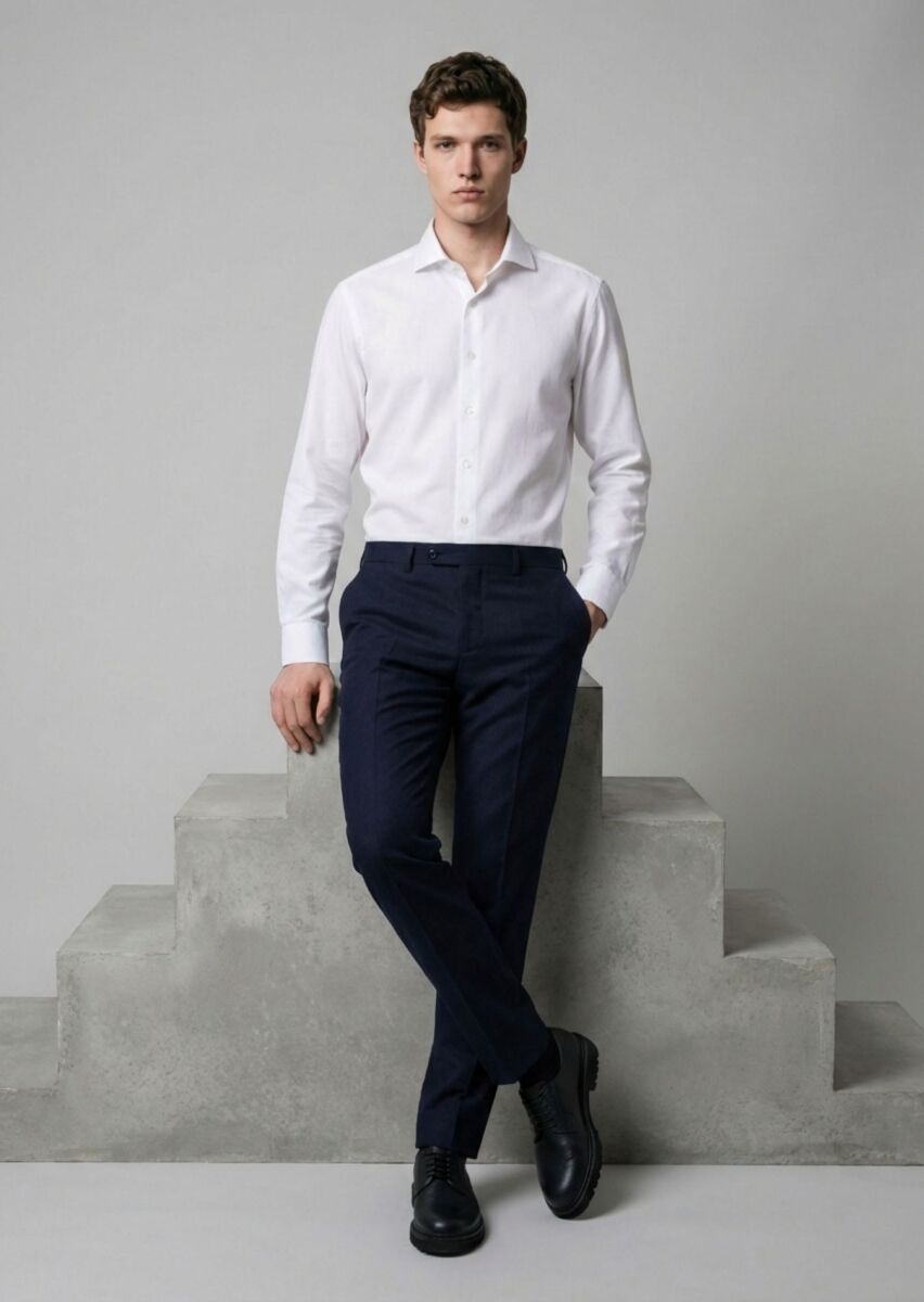 Navy Blue Material Regular Fit Classical 100% Wool Trousers - 2