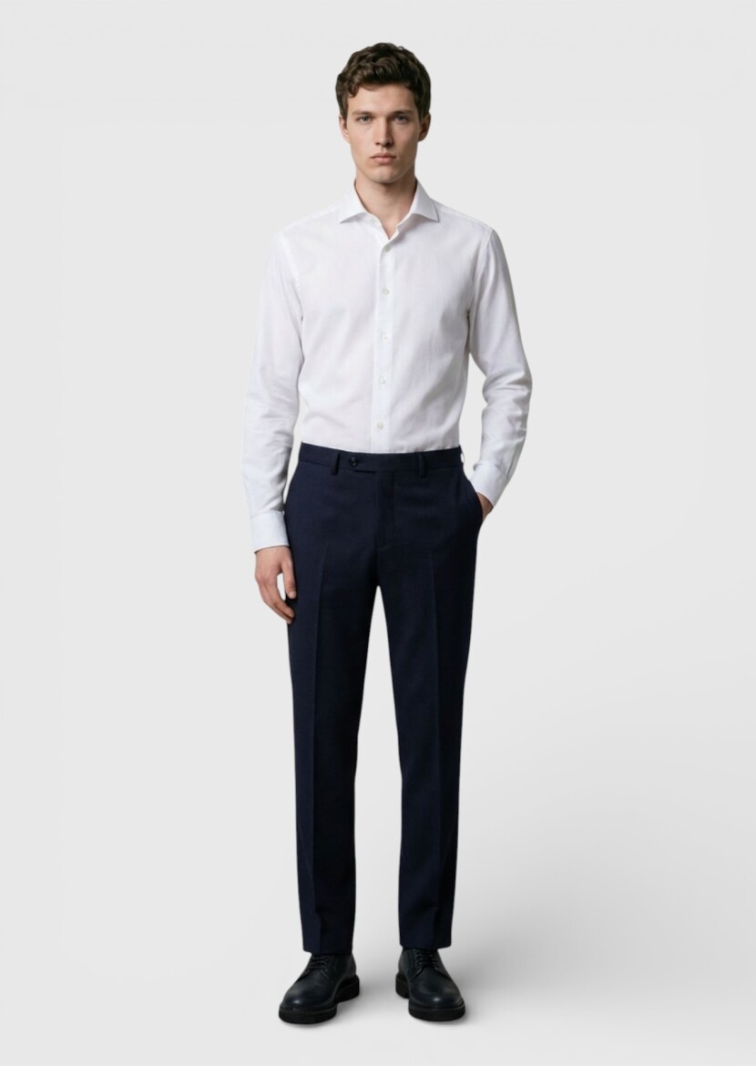 Navy Blue Material Regular Fit Classical 100% Wool Trousers - 3
