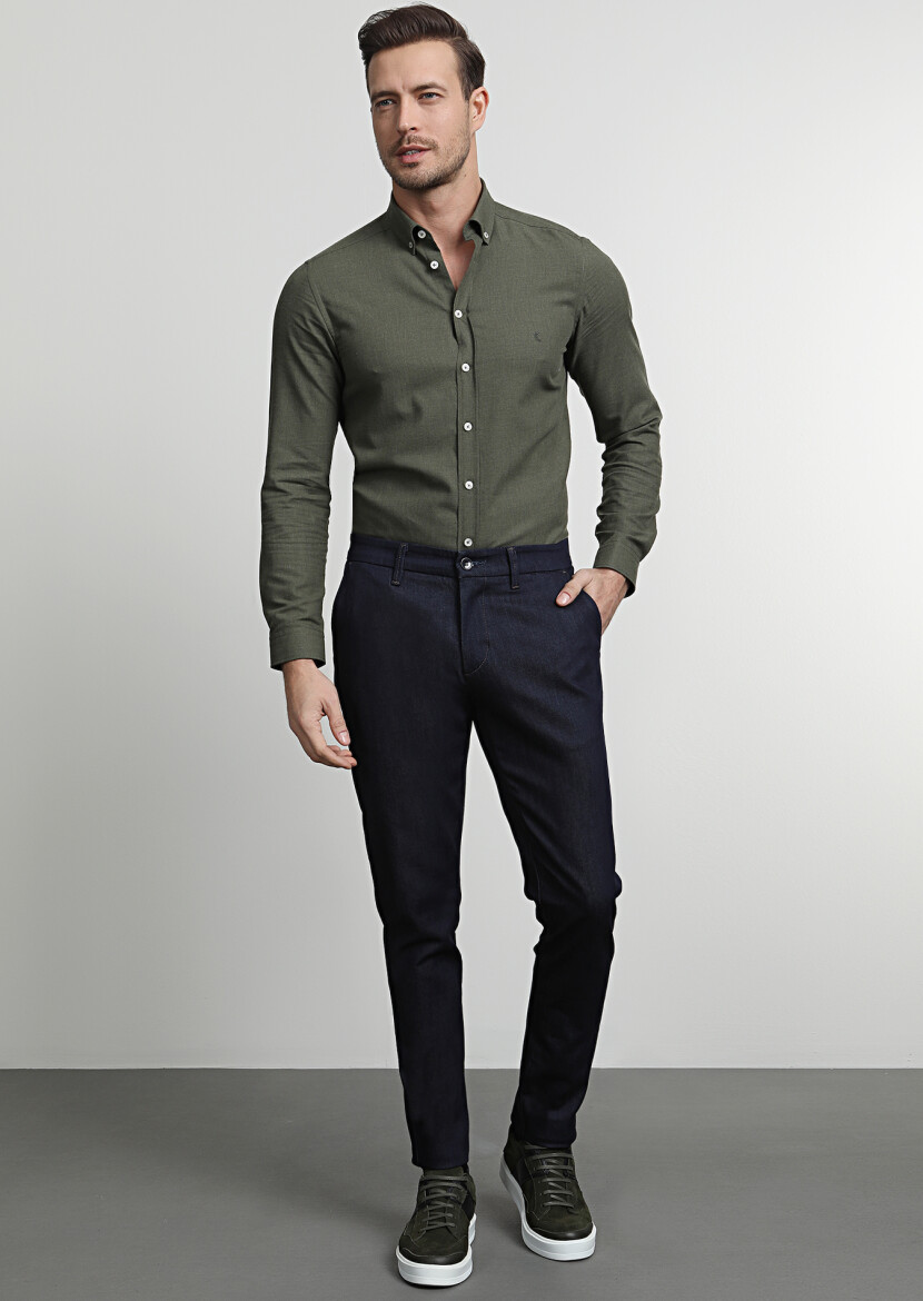 Navy Blue Material Slim Fit Casual Cotton Blended Trousers - 1