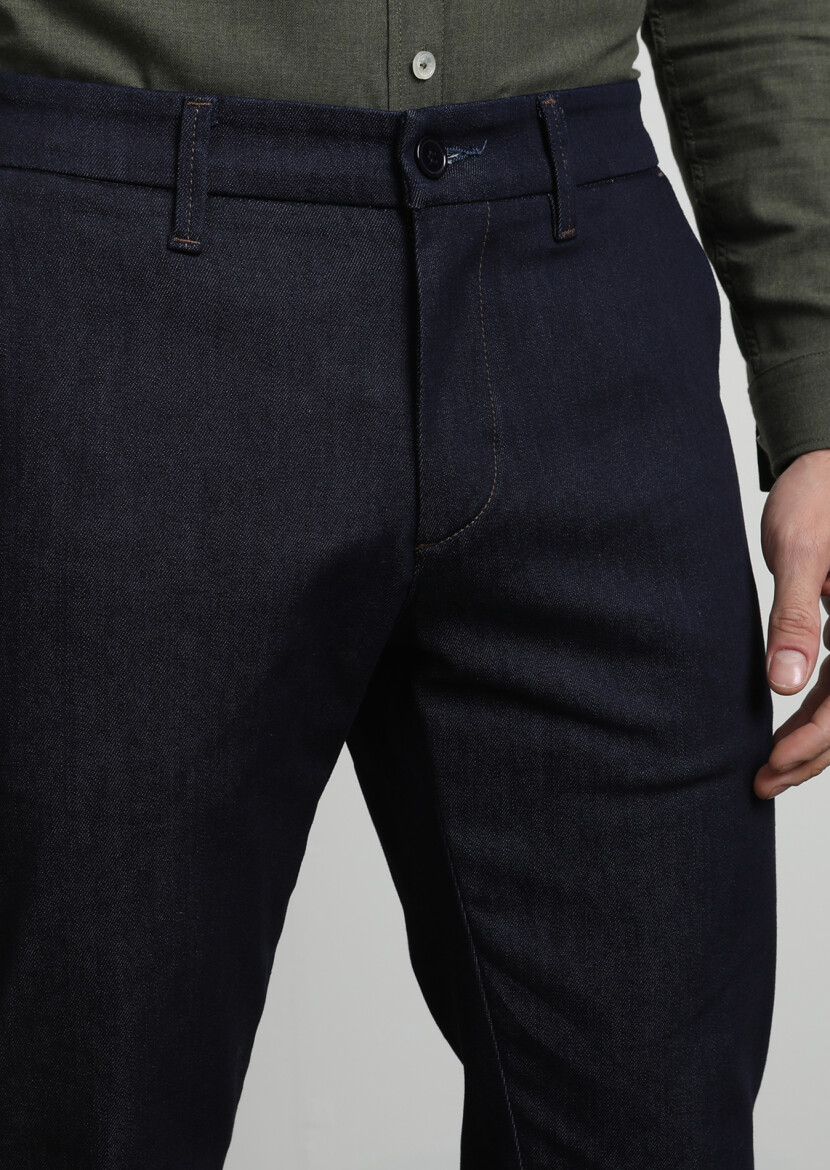Navy Blue Material Slim Fit Casual Cotton Blended Trousers - 2