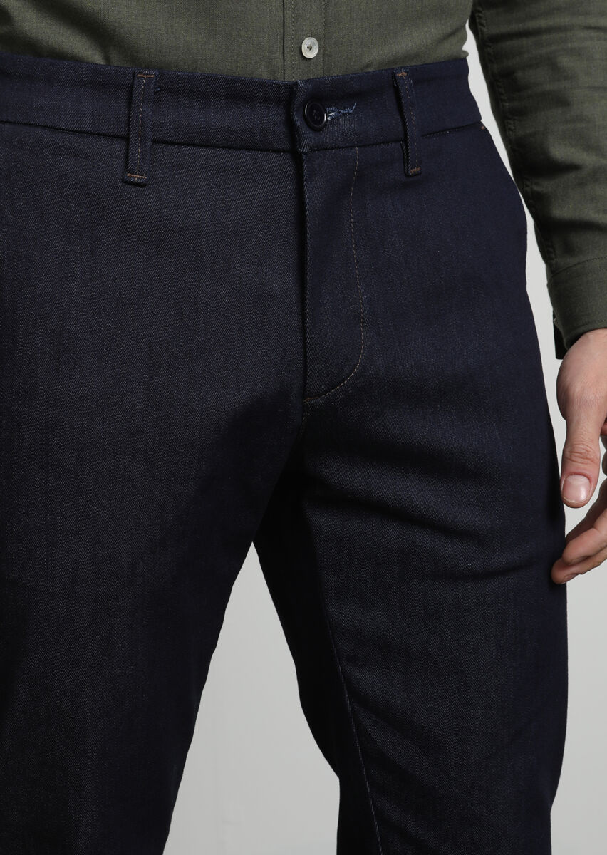Navy Blue Material Slim Fit Casual Cotton Blended Trousers - 2