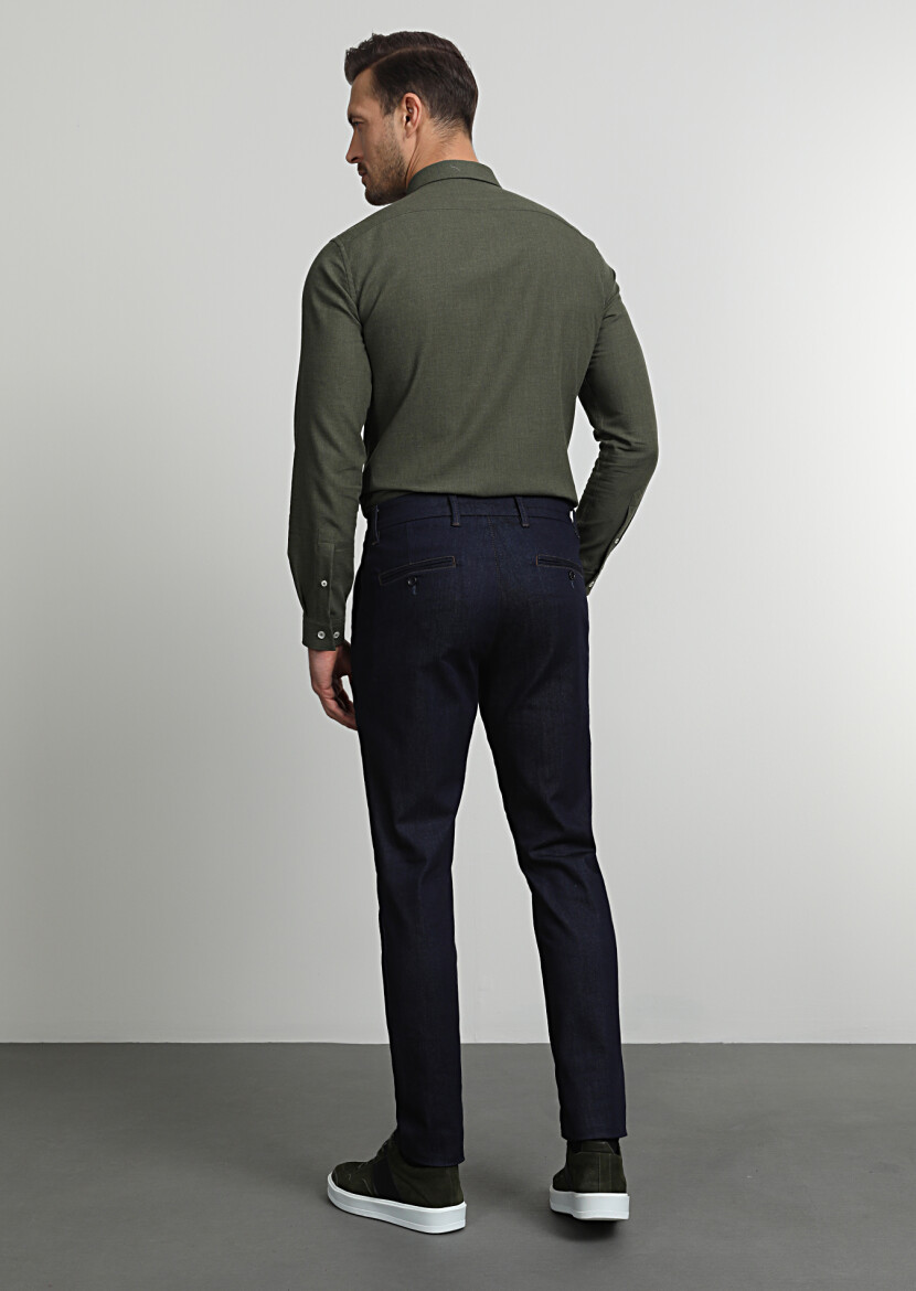 Navy Blue Material Slim Fit Casual Cotton Blended Trousers - 4