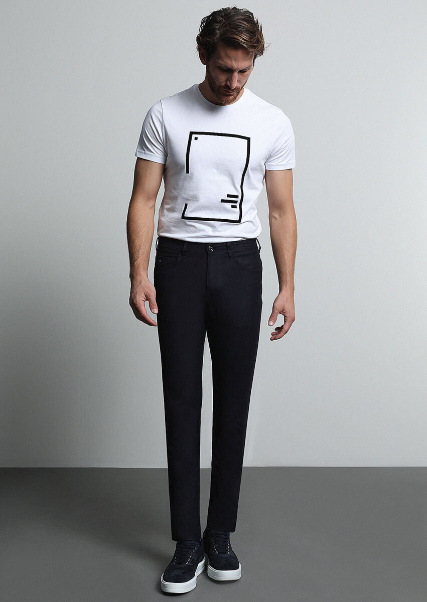 Navy Blue Material Slim Fit Casual Wool Blended Trousers - 1