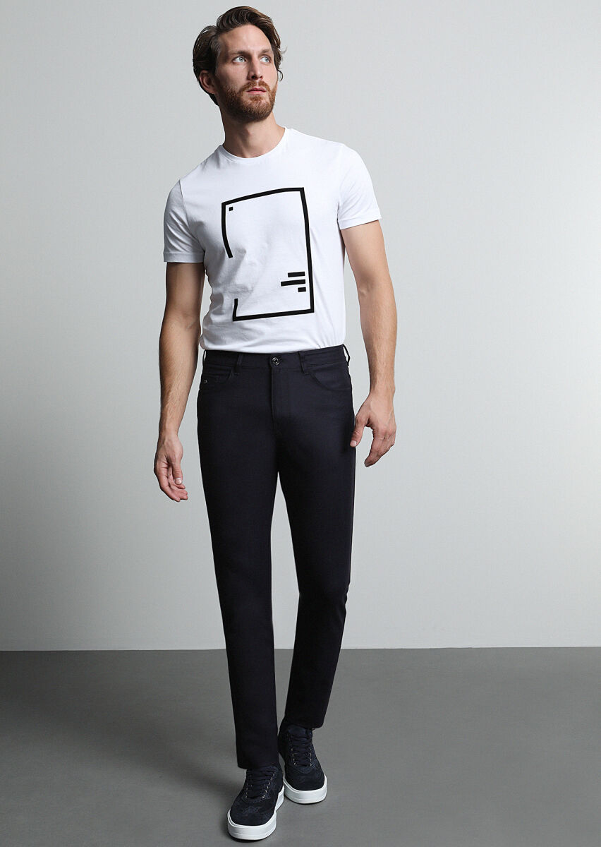 Navy Blue Material Slim Fit Casual Wool Blended Trousers - 3