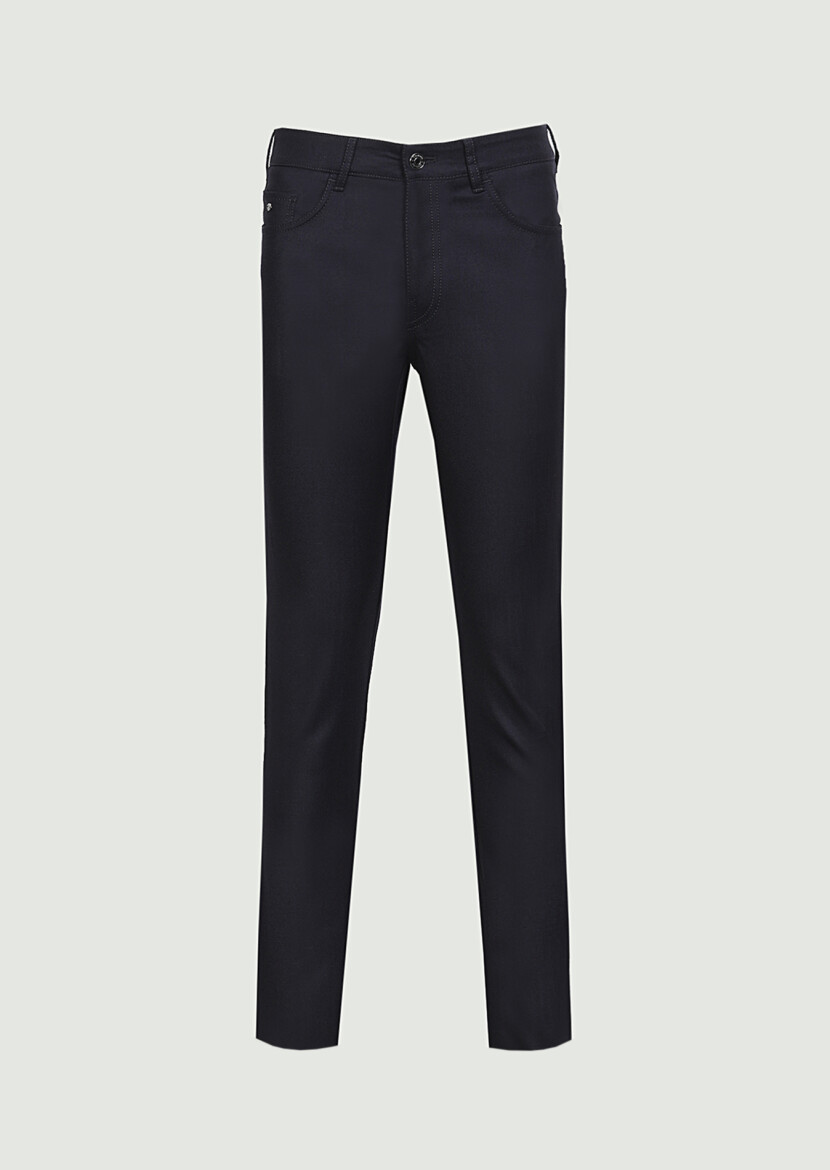 Navy Blue Material Slim Fit Casual Wool Blended Trousers - 4