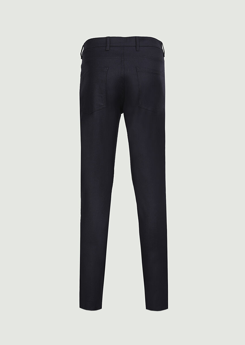 Navy Blue Material Slim Fit Casual Wool Blended Trousers - 5