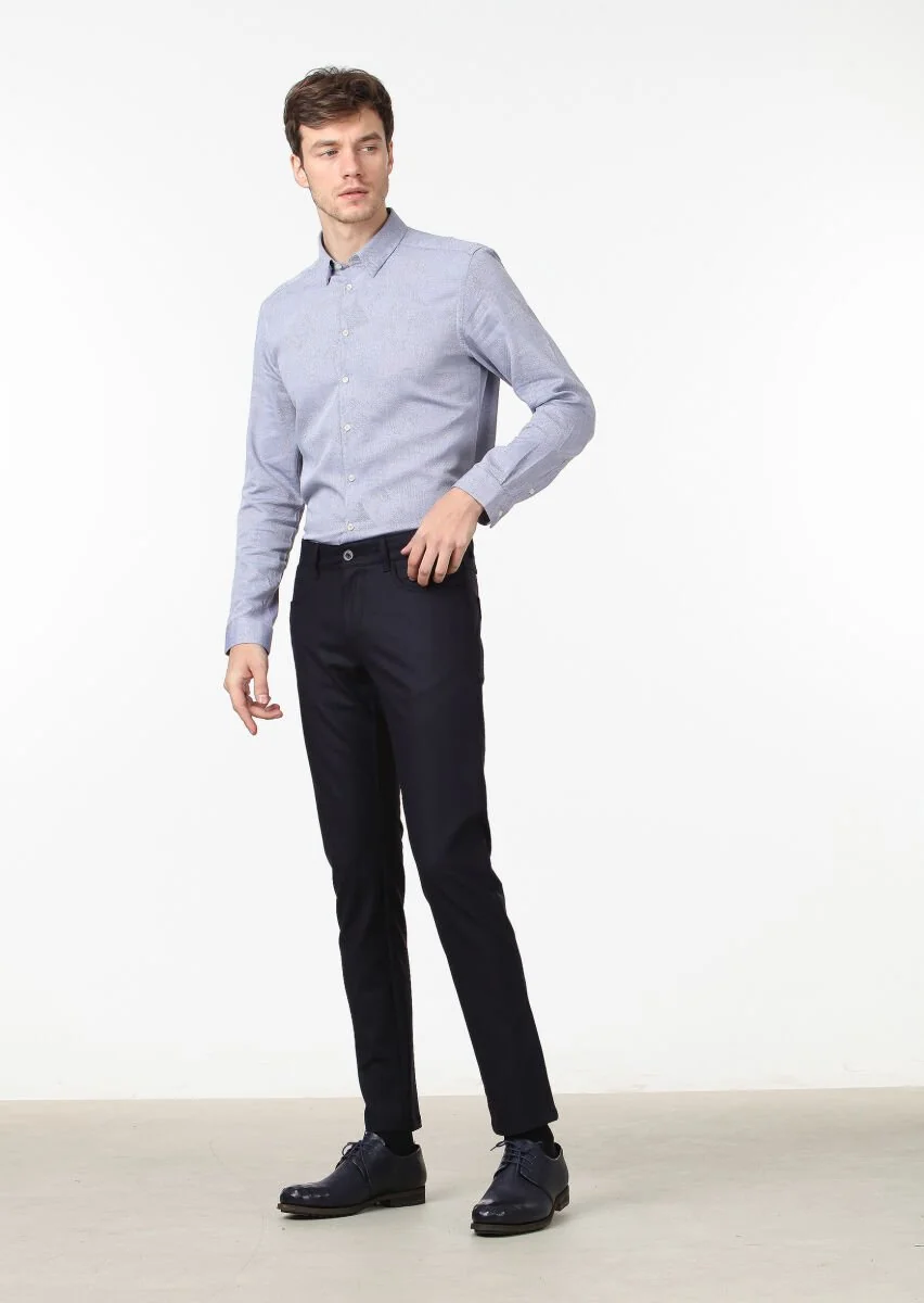 Navy Blue Material Slim Fit Casual Wool Blended Trousers - 1