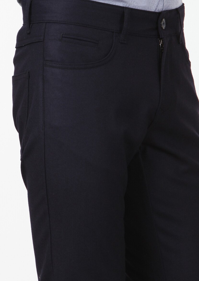 Navy Blue Material Slim Fit Casual Wool Blended Trousers - 3