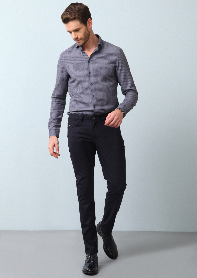 Navy Blue Material Slim Fit Casual Wool Blended Trousers - 1