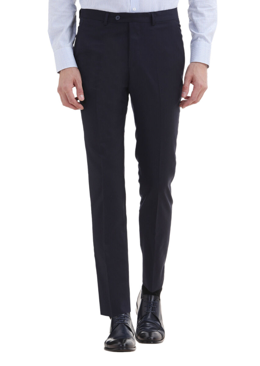 Navy Blue Material Slim Fit Classical 100% Wool Trousers - 2