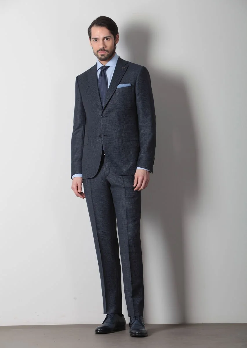 Navy Blue Micro Modern Fit 100% Wool Suit - 1