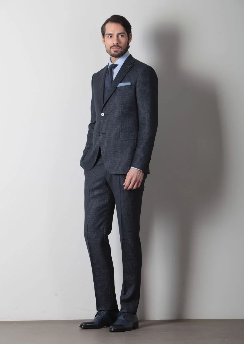 Navy Blue Micro Modern Fit 100% Wool Suit - 3