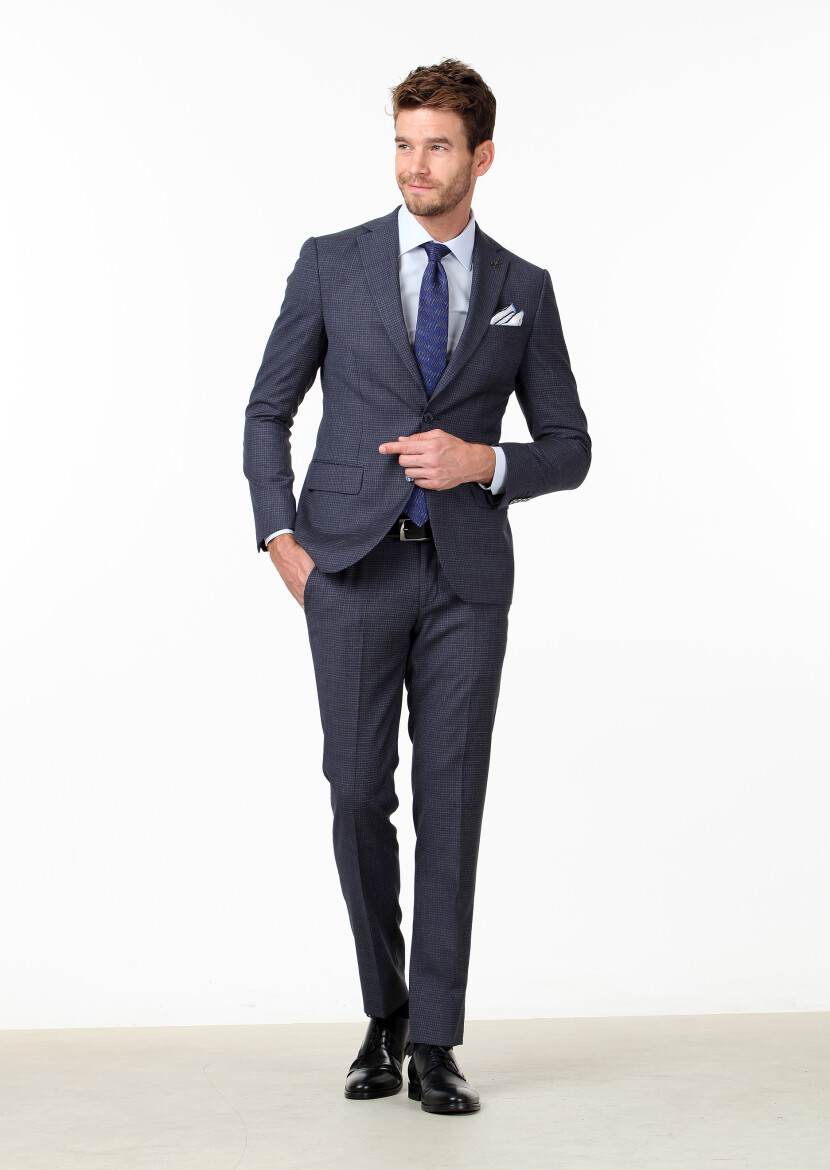 Navy Blue Micro Modern Fit 100% Wool Suit - 1