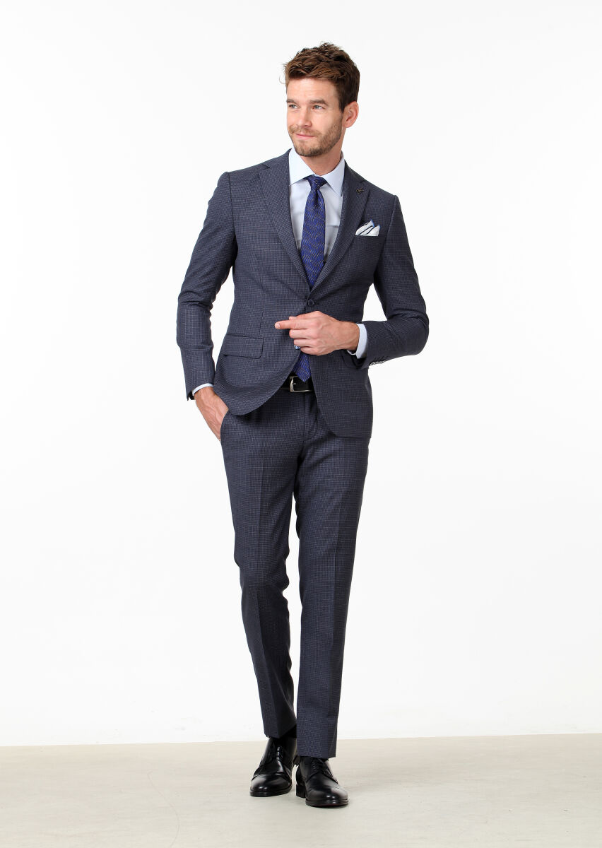 Navy Blue Micro Modern Fit 100% Wool Suit - 1
