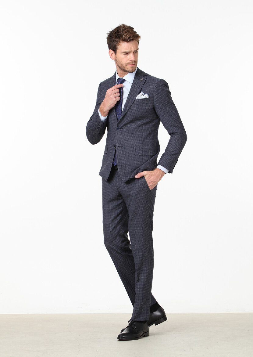 Navy Blue Micro Modern Fit 100% Wool Suit - 2