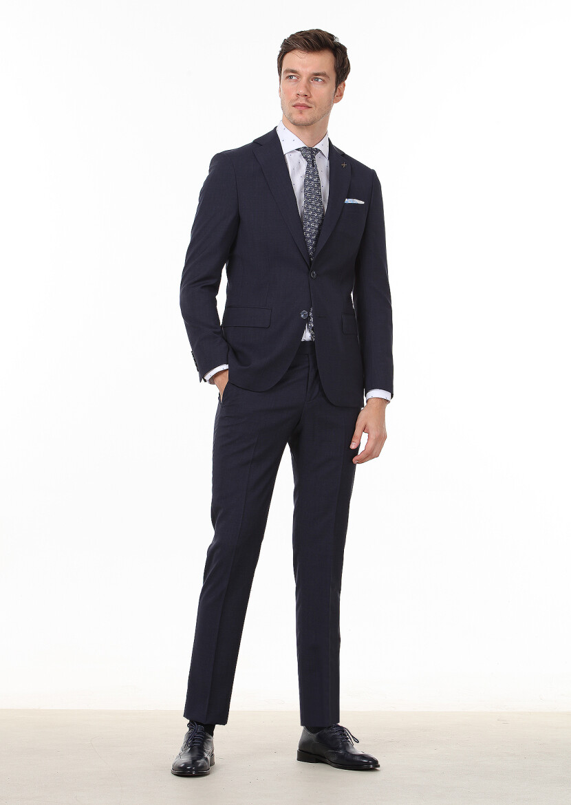 Navy Blue Micro Modern Fit 100% Wool Suit - 3