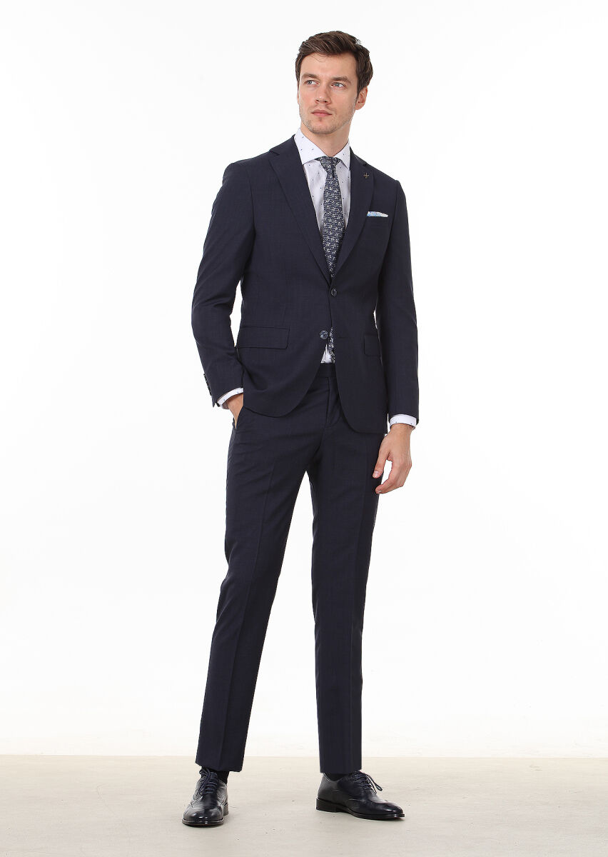 Navy Blue Micro Modern Fit 100% Wool Suit - 3