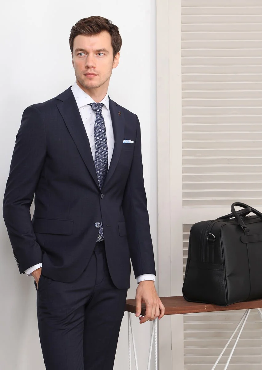 Navy Blue Micro Modern Fit 100% Wool Suit - 1
