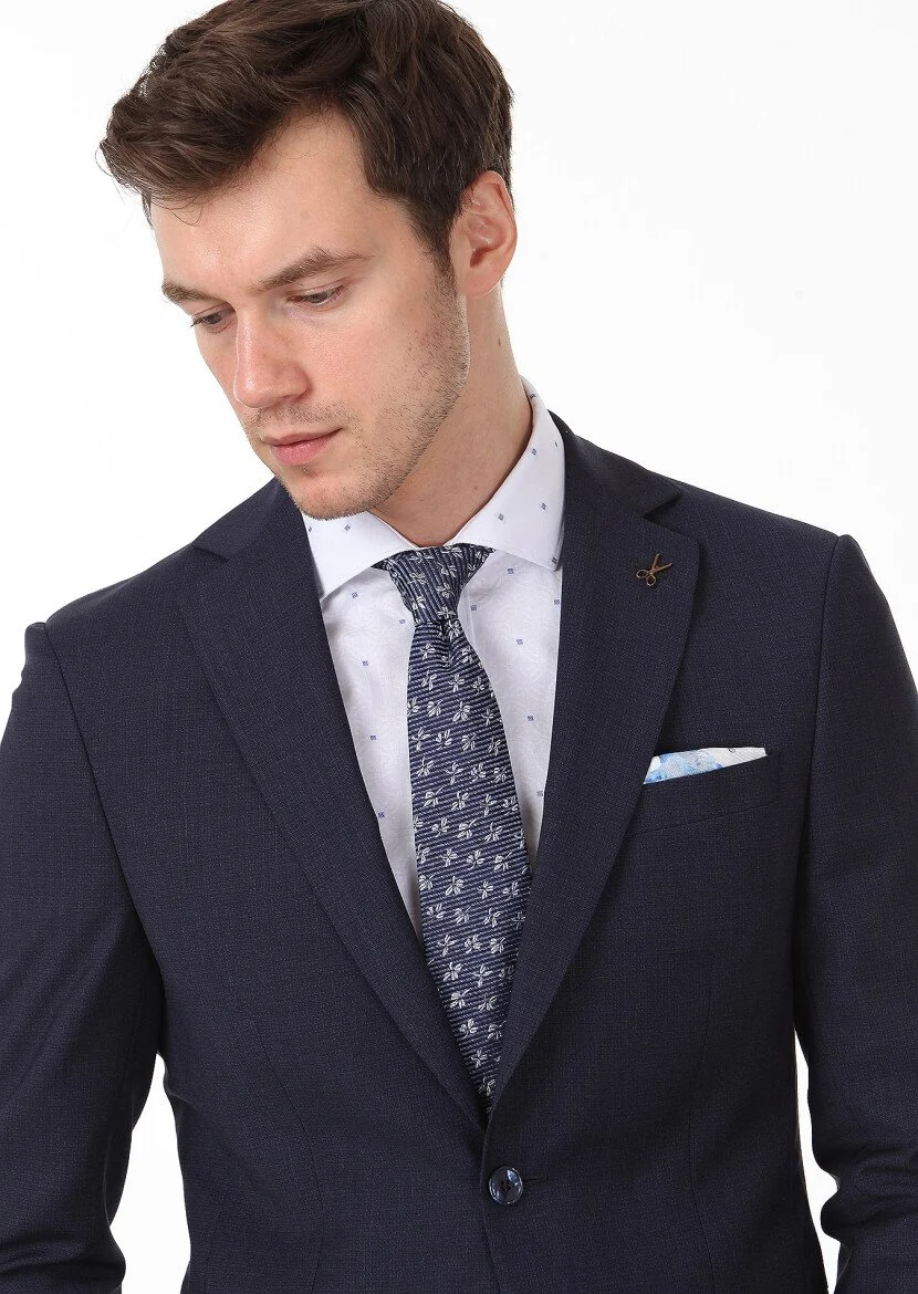 Navy Blue Micro Modern Fit 100% Wool Suit - 2