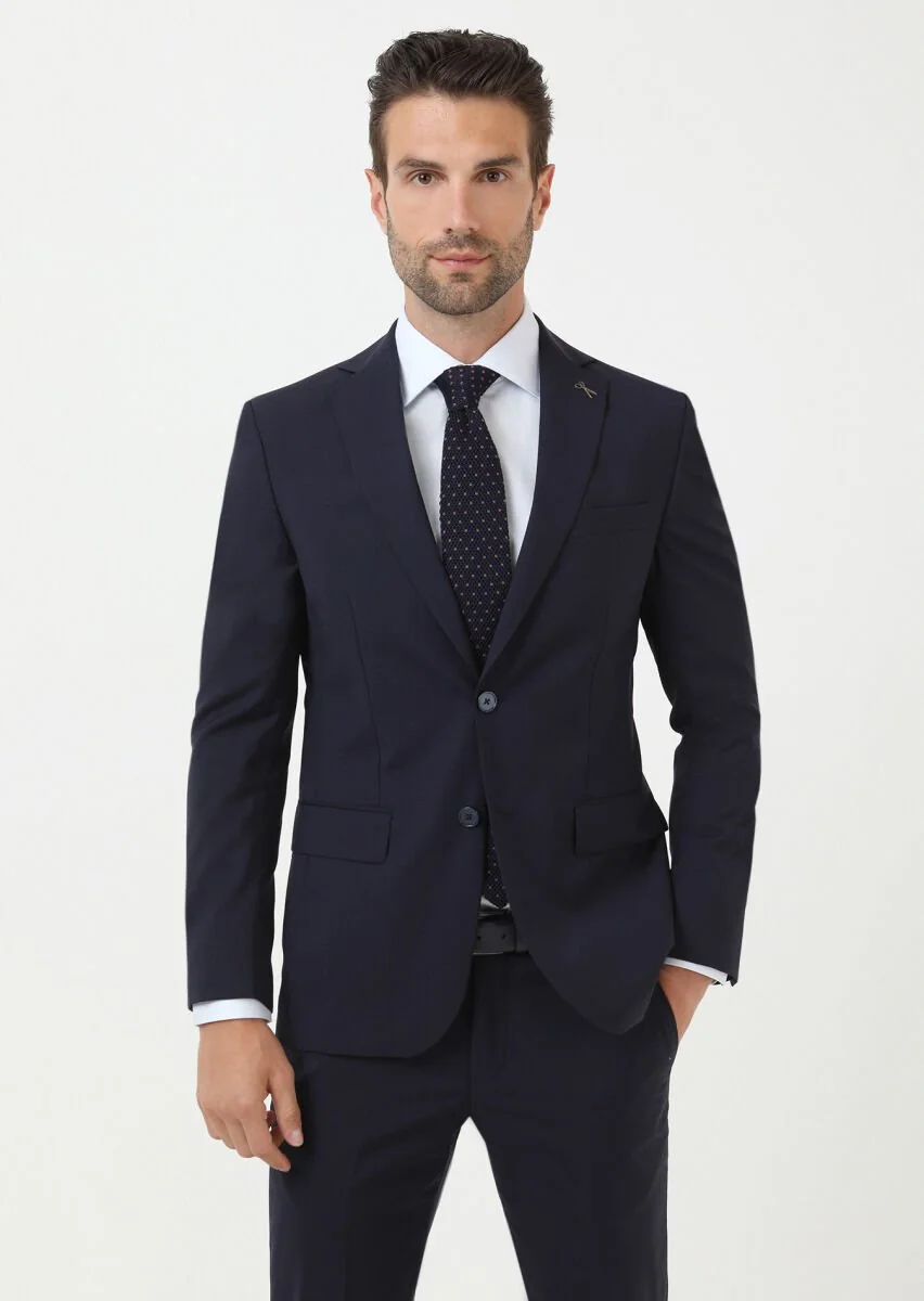 Navy Blue Micro Modern Fit 100% Wool Suit - 2