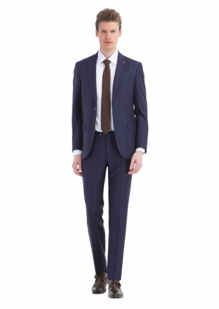 Navy Blue Micro Modern Fit 100% Wool Suit - 1