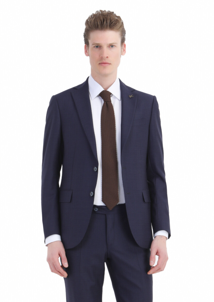 Navy Blue Micro Modern Fit 100% Wool Suit - 3