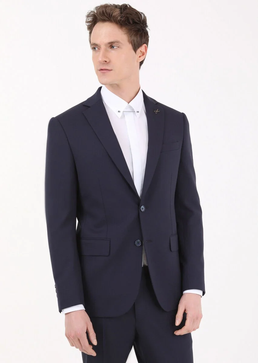 Navy Blue Micro Modern Fit Wool Blended Suit - 2