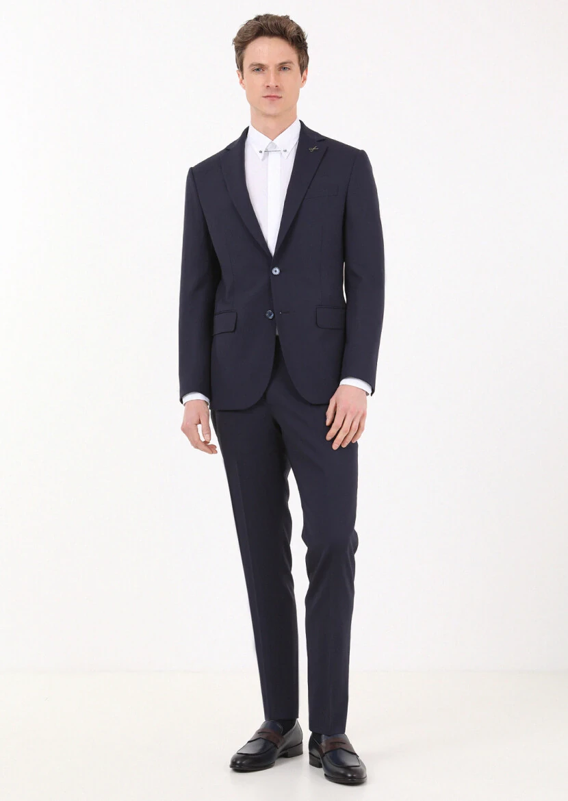 Navy Blue Micro Modern Fit Wool Blended Suit - 3
