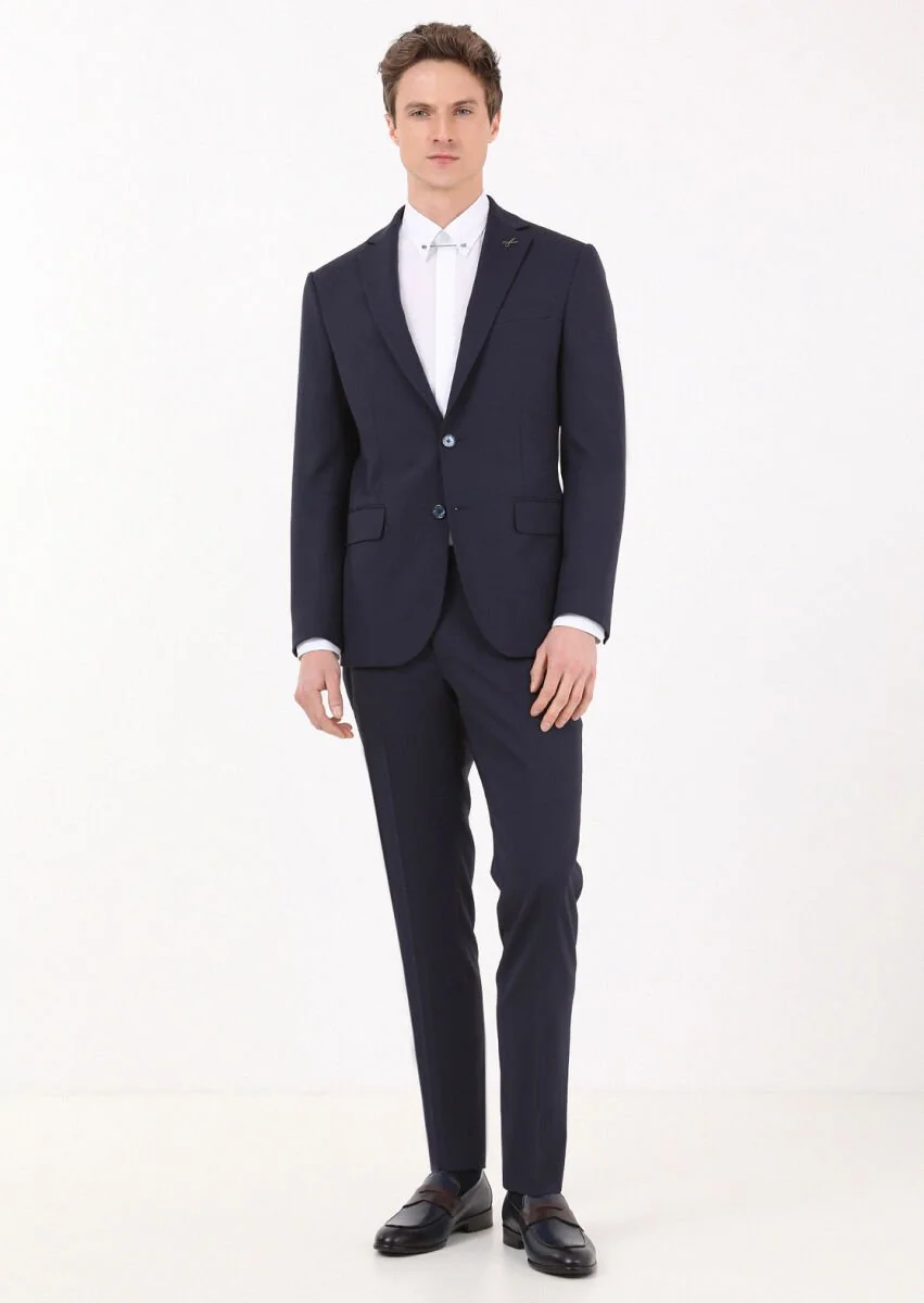 Navy Blue Micro Modern Fit Wool Blended Suit - 3