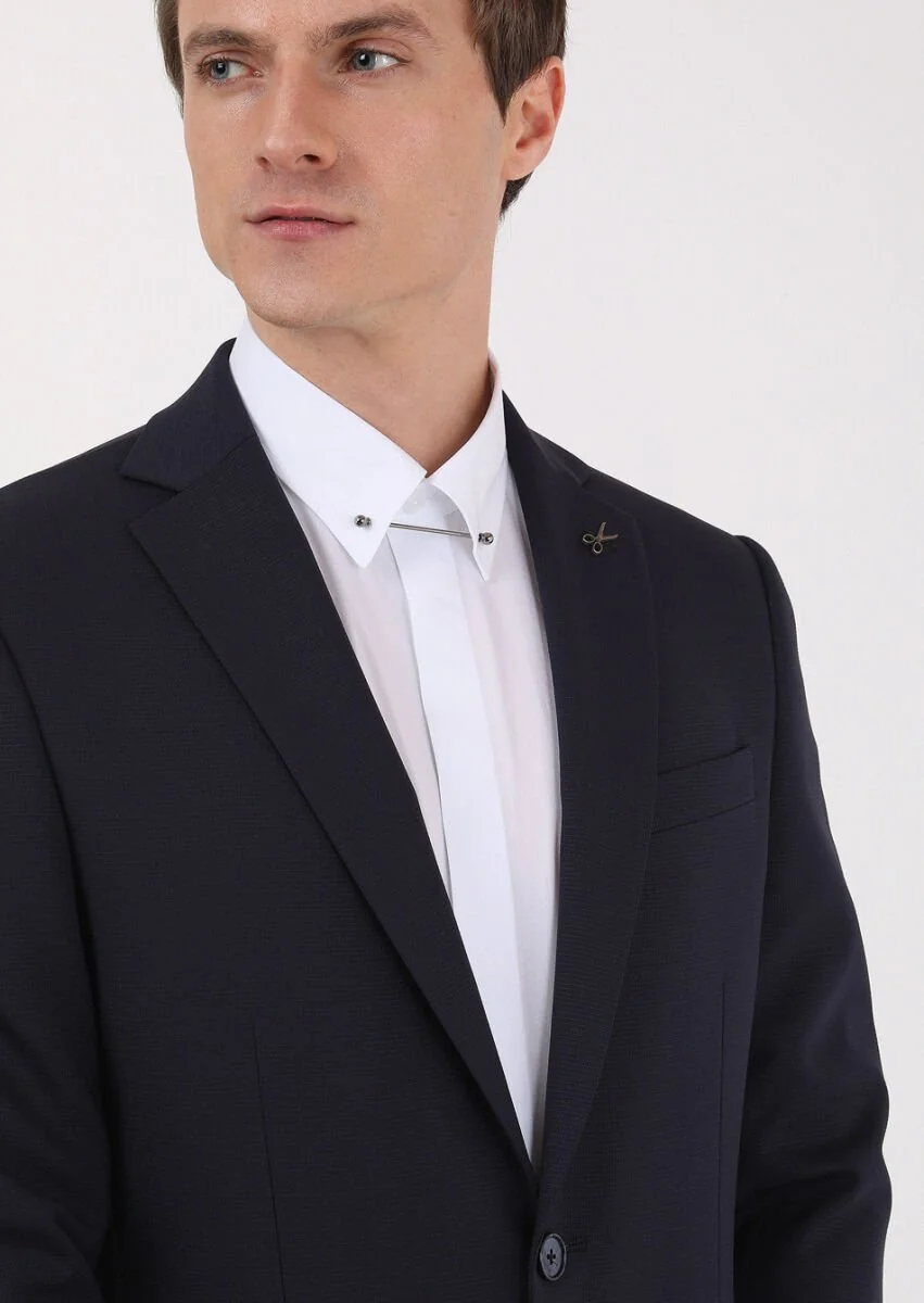 Navy Blue Micro Modern Fit Wool Blended Suit - 4
