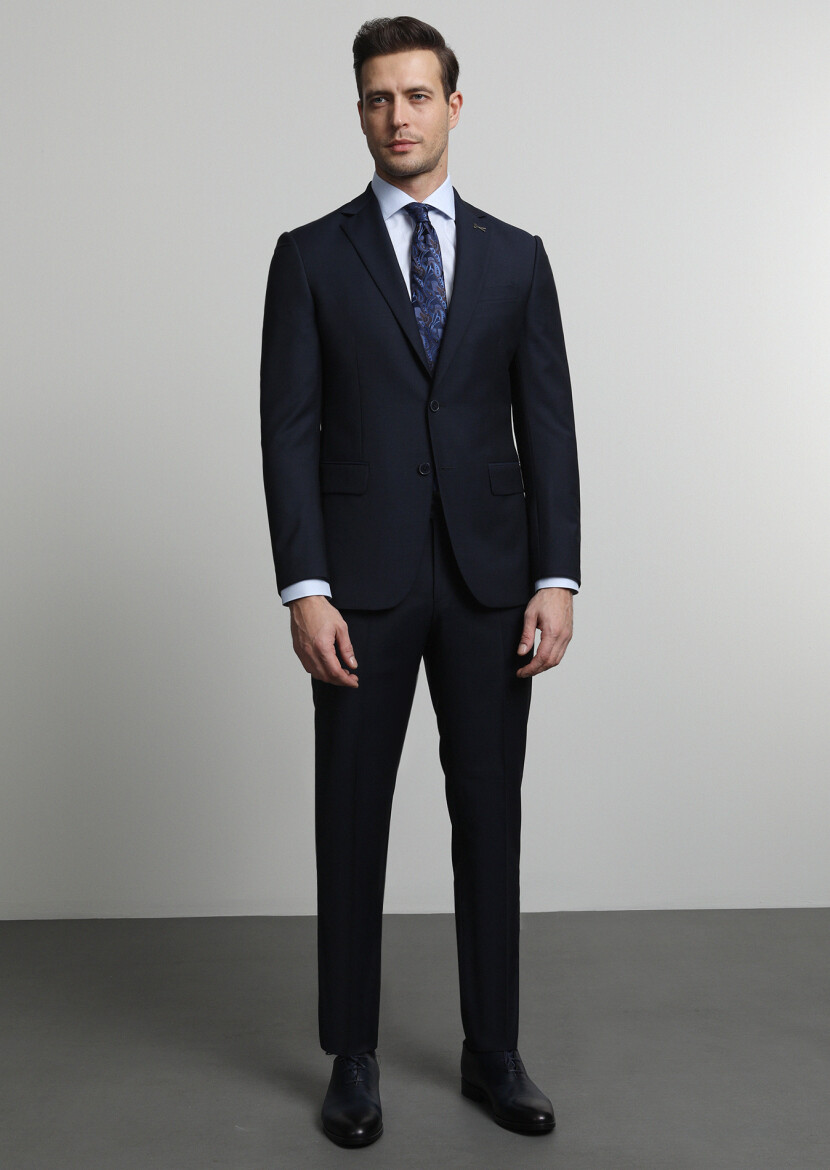 Navy Blue Micro Modern Fit Wool Blended Suit - 1