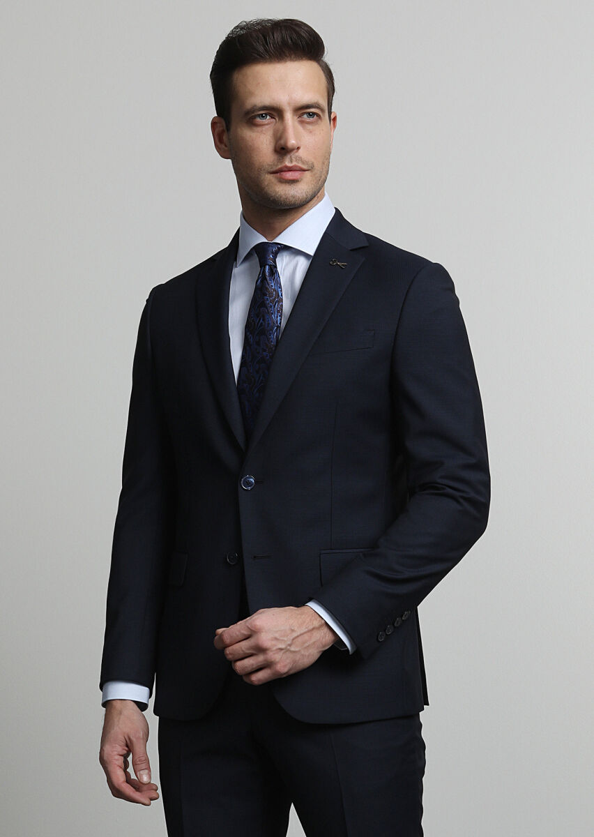 Navy Blue Micro Modern Fit Wool Blended Suit - 2