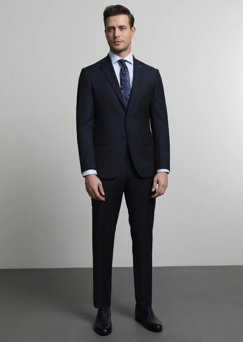 Navy Blue Micro Modern Fit Wool Blended Suit - 1