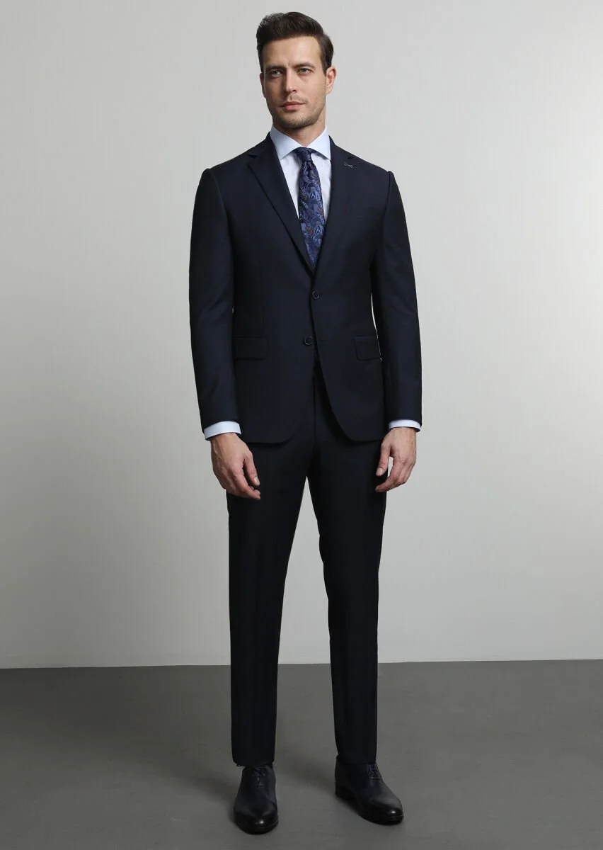 Navy Blue Micro Modern Fit Wool Blended Suit - 1