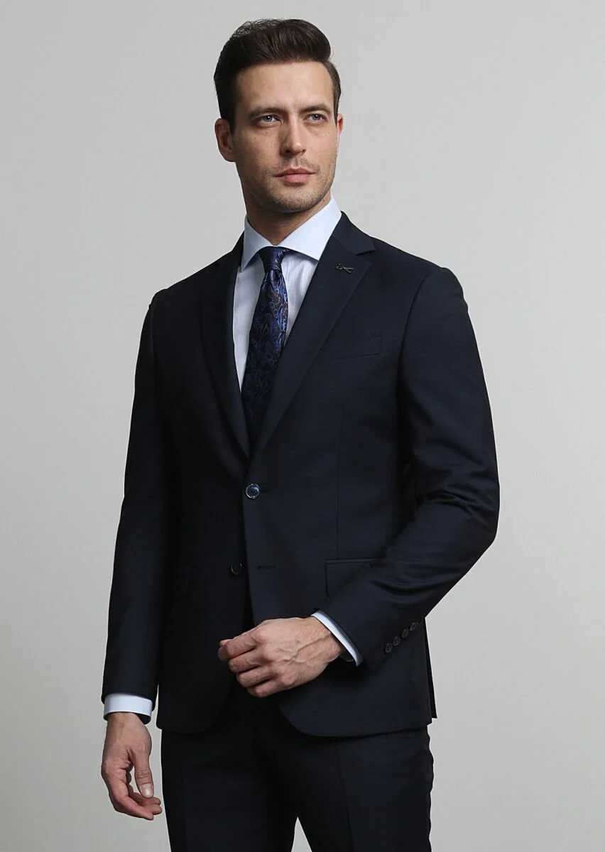 Navy Blue Micro Modern Fit Wool Blended Suit - 2