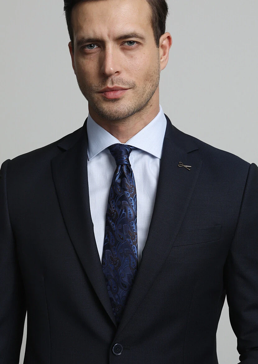 Navy Blue Micro Modern Fit Wool Blended Suit - 3