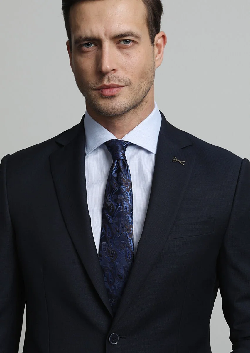 Navy Blue Micro Modern Fit Wool Blended Suit - 3